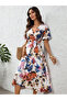 Women's Short Sleeve Double Breasted Collared Side Tie Patterned Single Jersey Midi Dress - 2