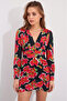 Women's Fuchsia V-Neck Patterned and Draped Mini Dress Nj173 - 2