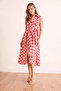 Women's Red Daisy Patterned Belted Midi Dress Nj176
