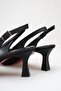 Black Satin Pointed Toe Heeled Open Back Women's Shoes - 3