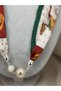 Women's Burgundy Green Patterned Magnetic Scarf Necklace with Large Pearl Detail, Stylish Fabric Neck Necklace - 2