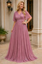 Women's Double Breasted Collar Short Sleeve Tulle Sleeve Lycra Stretchy Glitter Lined Long Powder Evening Dress - 7