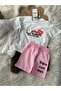 Girl's White T-Shirt and Pink Shorts Set Summer Printed Cotton 2-Piece Set - 3