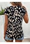 Women's Black Beige Leopard Patterned V-Neck Short Sleeve Relaxed Cut Blouse T-Shirt - 2