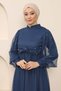 Pearl Detailed Tulle Evening Dress Indigo 12238 - 2