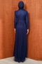 Navy Blue Lace-Up Evening Dress with Front Detail - 6