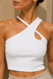 Women's White Cross Halter Neck Ribbed Crop Top with Drop Detail - 2