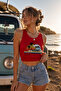 Women's Cotton Landscape Printed Short Sleeve Elastic Crop T-Shirt - 5