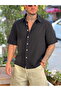 Boxy Fit Crinkle Short Sleeve Linen Shirt Black - 3