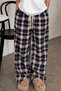 Plaid Beige Square Striped Unisex Loose Fit Elastic Waist Lace-Up Comfortable Cut Pajama Sweatpants - 2