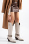Beige Cream Matte Leather Metal Toe Cap Below Knee Staple Belt Detail Western Cowboy Boots - 6