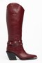 Burgundy Matte Leather Metal Toe Cap Below the Knee Staple Belt Detail Western Cowboy Boots - 3
