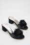 Lace Detailed Feathered Bridal Slippers Black Thick Heeled Wedding Engagement and Dowry Slippers - 3