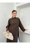 Women's Oversize High Collar Side Slit Wrinkled Textured Long Tunic Dress 9111 - Brown - 3
