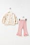 Baby Girl Top and Bottom Set with Teddy Bear Pattern and Bow, Ribbed Leggings - 2