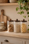 Set of 3 1550 ml Acacia Lid Striped Glass Jar Set with Lid for Legumes, Pasta, Nuts Storage Container - 3