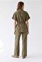 2155 Women's Linen Look Buttoned Shirt and Trousers Set Khaki - 5