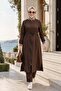 Women's Ribbed Zippered Linen Tunic Pants Brown Double Set - 3