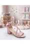 Pink Cross-Sand Glittery Evening Dress Shoes with a Bow on the Back and a Single Strap Heel. - 4