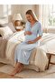 New Season Blue Piping Detailed Buttoned Design Short Sleeve 100% Cotton Maternity Pajama Nightgown Set - 7