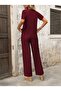 Women's Short Sleeve Boat Neck Asymmetrical Detailed Short Sandy Blouse and Trousers Two-Piece Set - 2