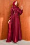 Burgundy Front Gathered Stoned Janjan Evening Dress - 4
