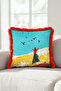 Artistic Fringed Pillowcase with Abstract Bird Figure - Eclectic Blue Mustard Burgundy Tassel Throw Pillow Cover - 2