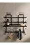 Adhesive Bathroom Shelf with 10 Hangers Shower Shelf No Drilling Mounting Black Metal Organizer