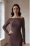 Women's Boat Neck Long Sleeve Slit Pencil Wedding Dress Lined Crepe Fabric Maxi Wedding Dress - 7