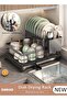 2-Tier Dish Drying Rack, Space Saving Dish Drying Stand for Kitchen Counter, Stainless Steel Dish Drainer with Cups Holder for Dishes, Knives, Spoons, Forks