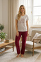 Striped Slogan Printed Short Sleeve Six Long Women's Pajama Set Claret Red - 5