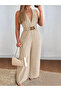 Women's Double-Breasted Jumpsuit with Waist Belt, Stylish Crepe Design - 4