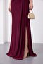 Women's Burgundy One-Shoulder Accessory Detail Long Knitted Event Dress - 3