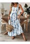 Women's Strappy Square Neck Patterned Long Jersey Dress with Bow Tie Detail on the Back - 4