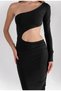 Women's Black One-Sleeve Window Detail Gathered Maxi Dress Yel0897 - 2