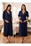 New Season Navy Blue Ribbed Design with Breastfeeding Feature Short Sleeve 100% Cotton Maternity Nightgown Set of 2 - 5