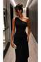 Black One-Shoulder Draped Long Evening Dress with Buckle Accessories 583423 - 2