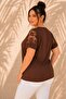 Women's Plus Size Shoulder Flower Tulle Stone Embellished Short Sleeve Stretchy Viscose Blouse - 4