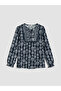 Navy Blue Tie Collar Patterned Blouse - 8