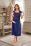 New Season Navy Blue Wide Strap Design with Easy Breastfeeding Feature, Lace Detail, 100% Cotton Maternity Nightgown Set - 6