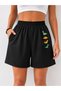 Women's Black Dinosaur Print Sports Shorts with Pockets, Elastic Waist, Relaxed Fit, Casual and Fitness Shorts