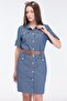 Women's Blue Denim Pocket Detailed Belted Midi Dress - 8