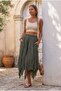 Khaki Lined Fringed Cut Elastic Waist Casual Wrinkled Long Woven Skirt 95 70 - 6