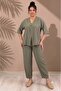 Women's Plus Size V-Neck Single Button Three-Quarter Sleeve Lower Waist Elastic Lace-Up Pocketed Slim-Fit Lyocell 2-Piece Woven Set - 5