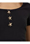 Black Ribbed Scoop Neck T-Shirt With Star Buttons - 4