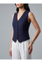 Women's Navy Blue Buttoned Vest V-Neck Fabric Stylish Office Vest