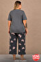 Large Size Women's Viscose Pajama Set Anthracite Floral Patterned Short Sleeve Crew Neck Pajama Set 10739 - 2