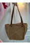 Handmade Wicker Shoulder Bag with Brown Leather Handles, Handmade Look, Large Beach and Casual Women's Bag - 3
