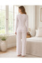 Women's White Pink Floral Patterned Buttoned Collar Long Sleeve Wide Leg Pajama Set - 4