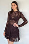 Brown Women's Crew Neck Patterned Transparent Tulle Blouse - 2